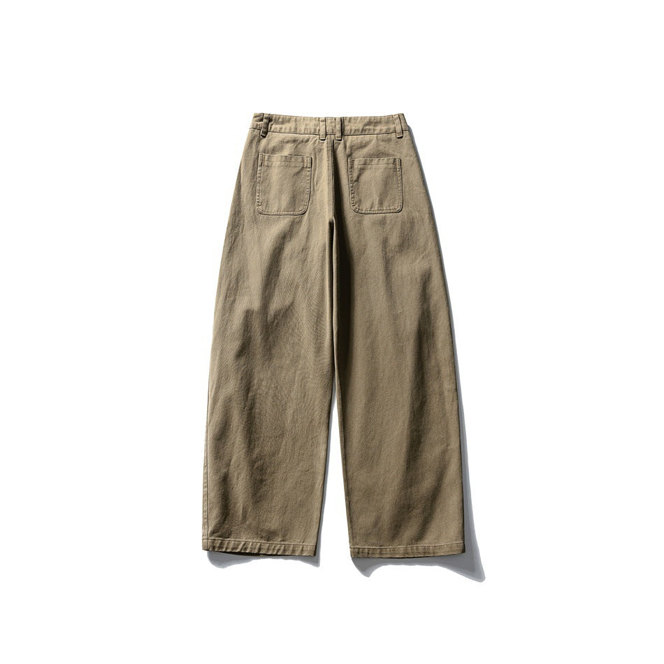 Full front view of taupe wide-leg pants laid flat, with a button waist and two front patch pockets.