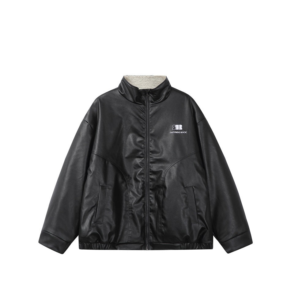 Black faux-leather-look zip jacket with stand collar, cream fleece-like collar lining and small white chest logo, front view