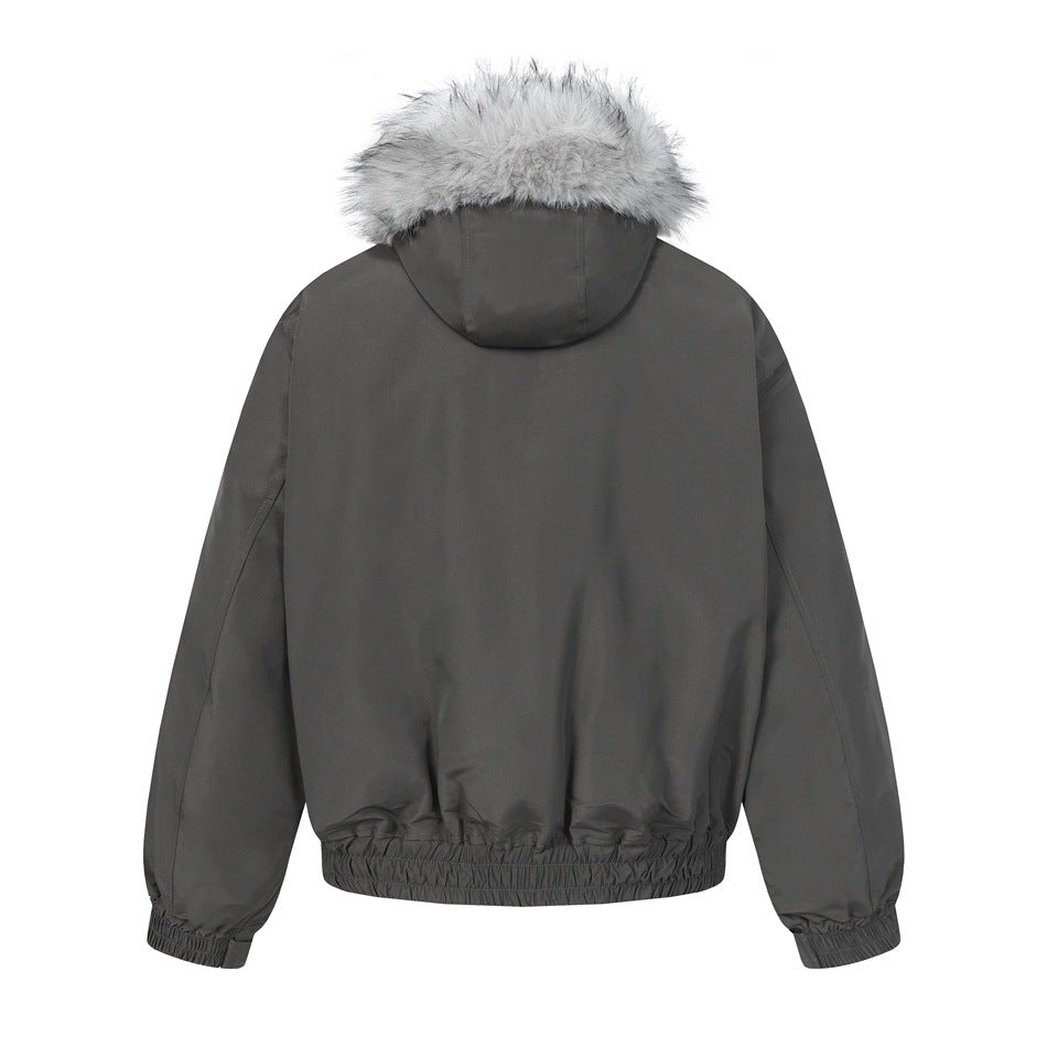 Back view of a charcoal hooded jacket with light gray faux-fur hood trim, elastic cuffs, and a gathered hem.