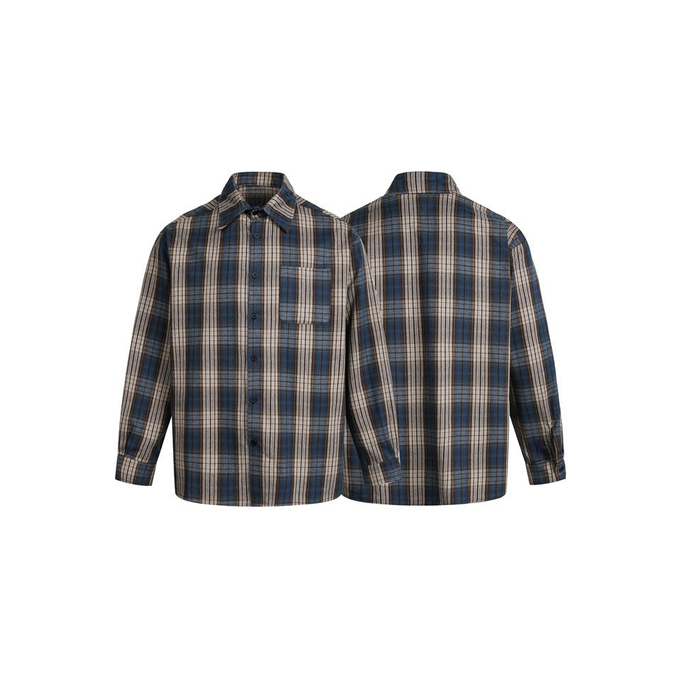 Blue, brown and beige plaid button-up shirt shown from the front and back, with a collar, long sleeves and chest pocket.