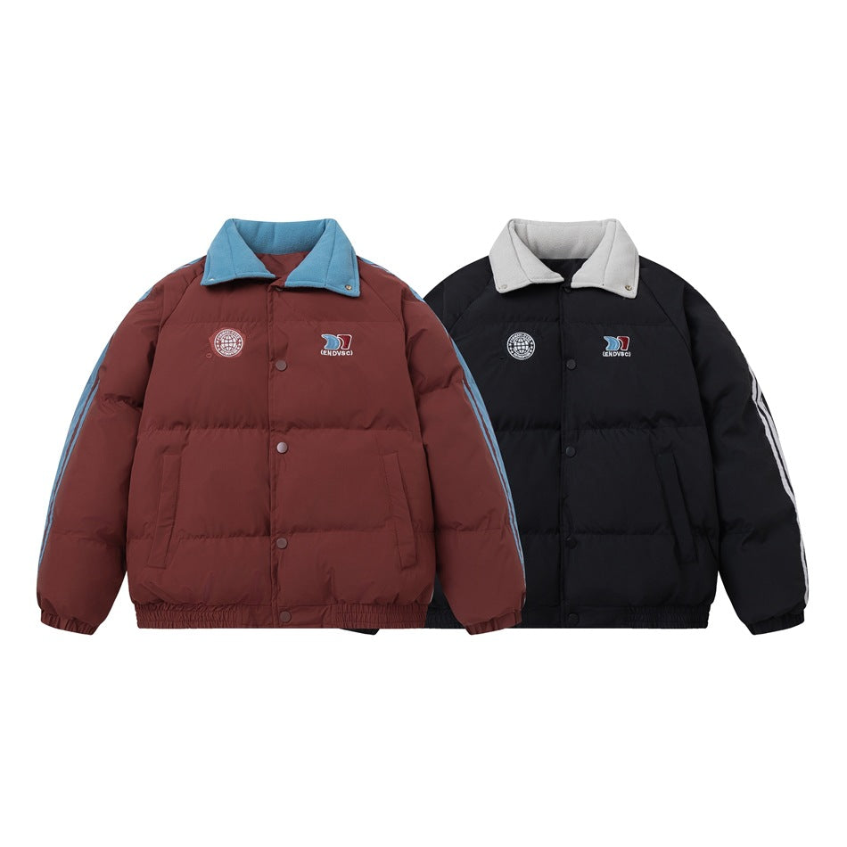Two padded jackets shown from the front: one burgundy with blue details and one black with a light collar.