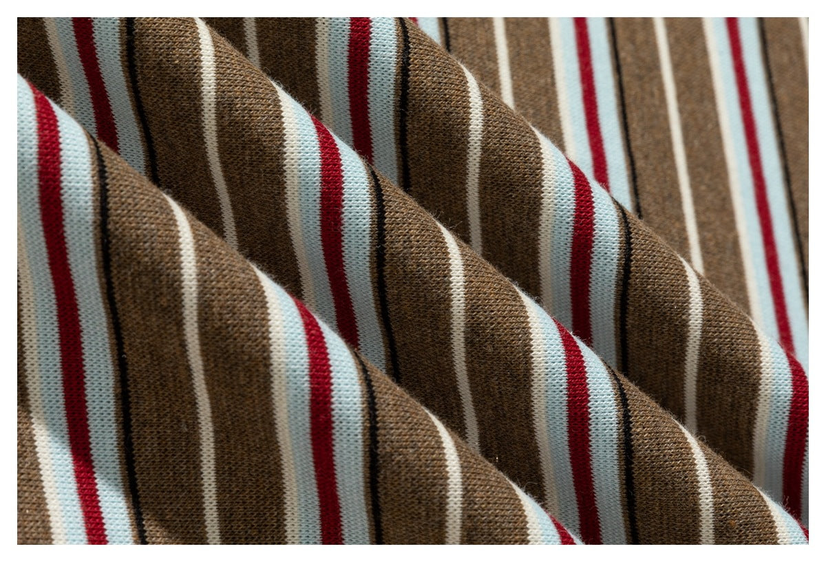 Macro view of the T-shirt's brown, cream, pale blue, and red striped knit fabric.
