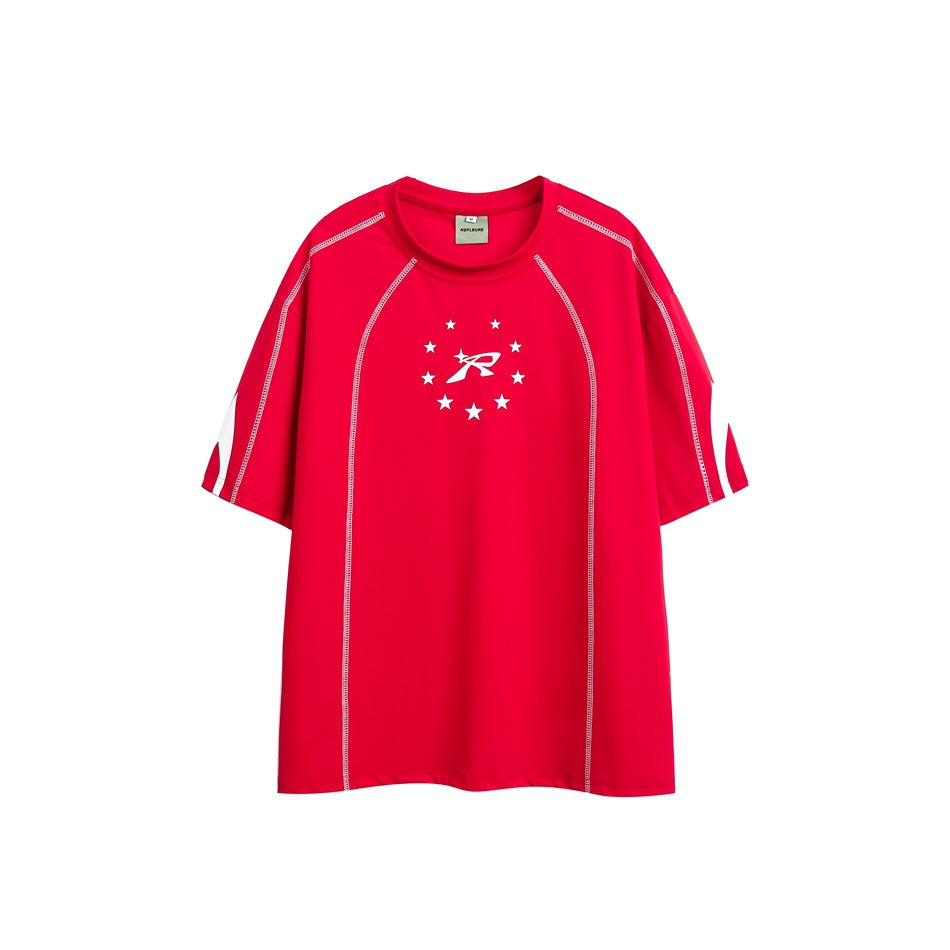 Red short-sleeve T-shirt flat lay with white contrast stitching, white star-circle R chest graphic and white sleeve accents