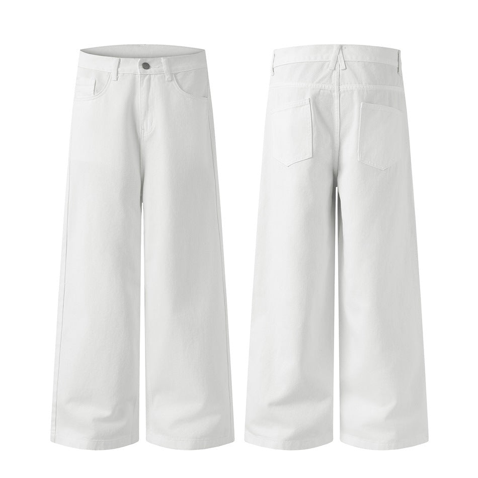 Front and back views of white wide-leg pants showing pockets, belt loops and button fly