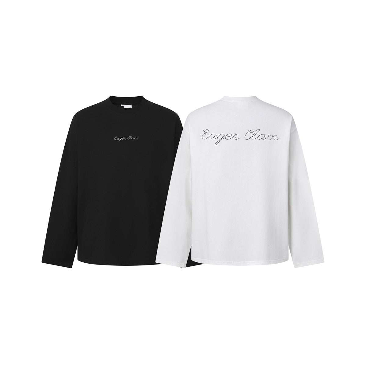 Black long-sleeve crew-neck T-shirt shown from the front beside a white version shown from the back; both say “Eager Clan.”