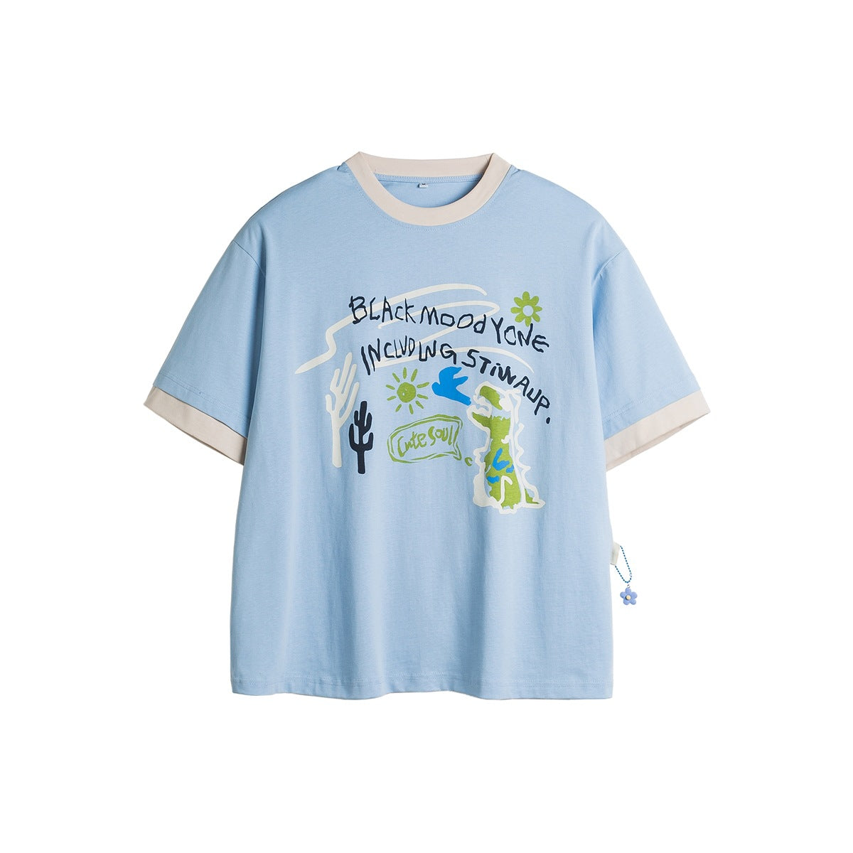 Light blue short-sleeve ringer T-shirt with beige neck and cuffs and a colorful cactus and dinosaur graphic