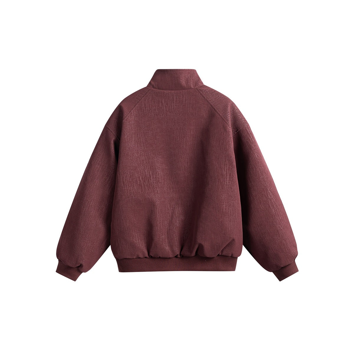 Back view of a burgundy jacket with a high collar, raglan sleeves, and ribbed cuffs and hem.