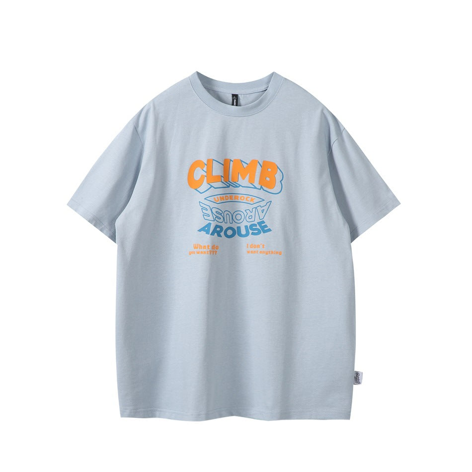 Light gray-blue short-sleeve T-shirt with orange and blue CLIMB AROUSE graphic print on the front, flat lay