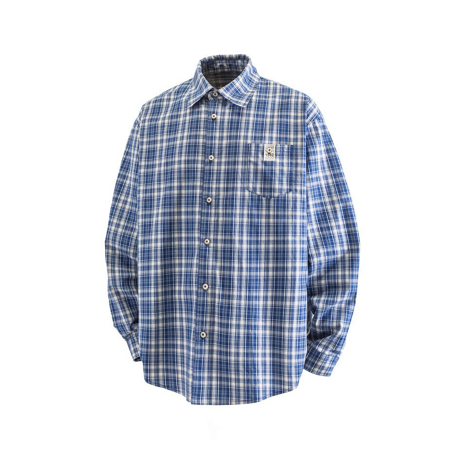 Full view of a blue and white plaid long-sleeve button-up shirt with a chest pocket.
