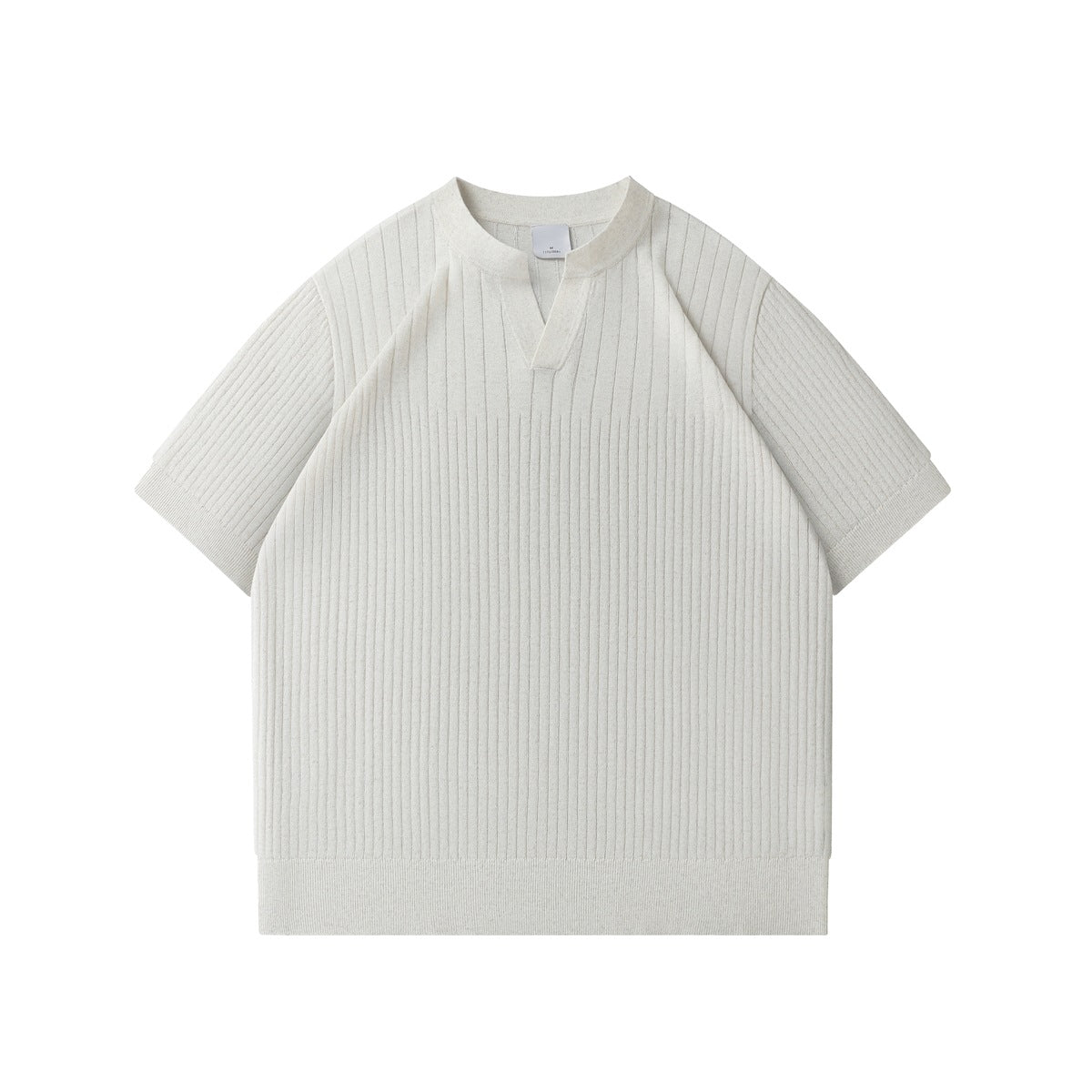 Off-white ribbed knit short-sleeve top with V-notch round neckline, flat front view