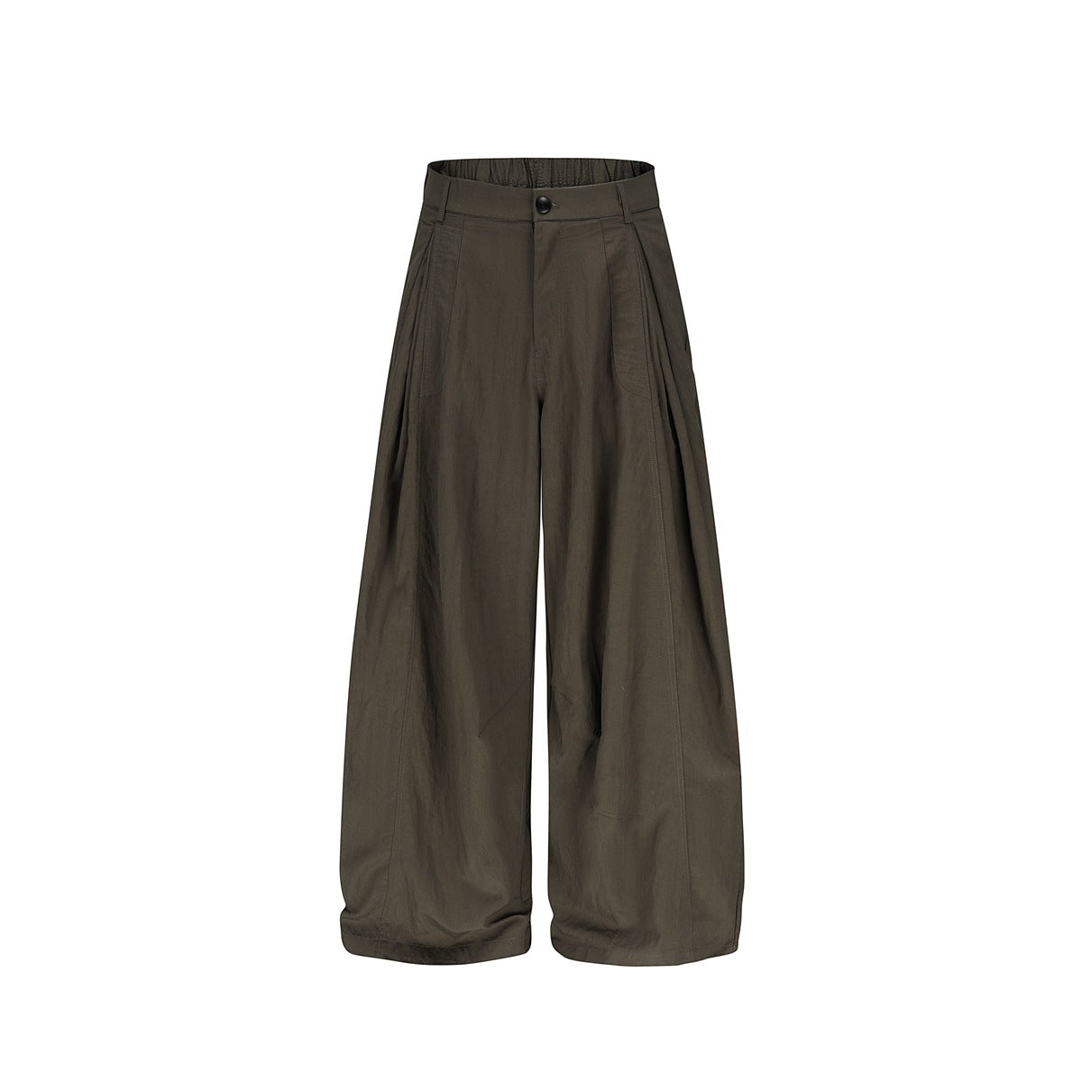 Front view of olive high-waisted pants with a button closure, front pleats, and very wide legs.