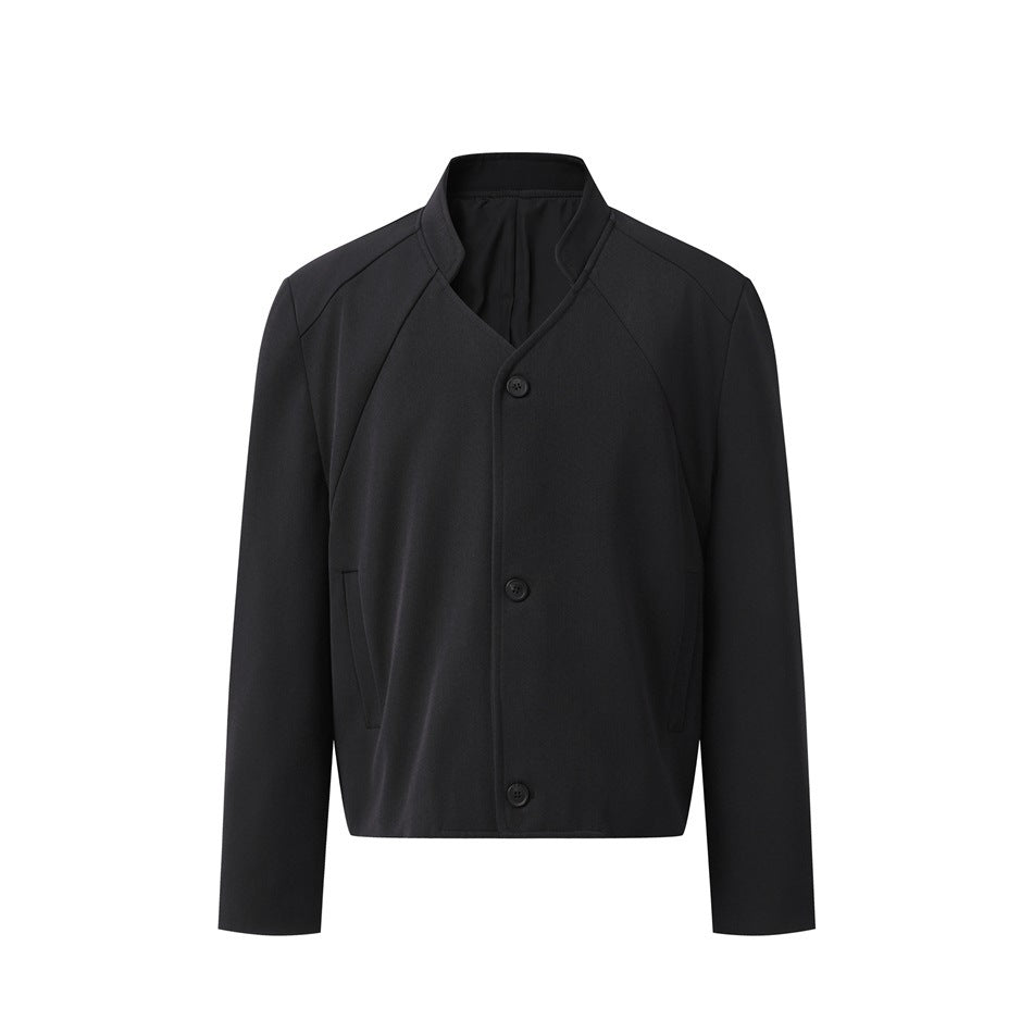 Front view of a black stand-collar jacket with three buttons, V-neckline opening and slanted side pockets