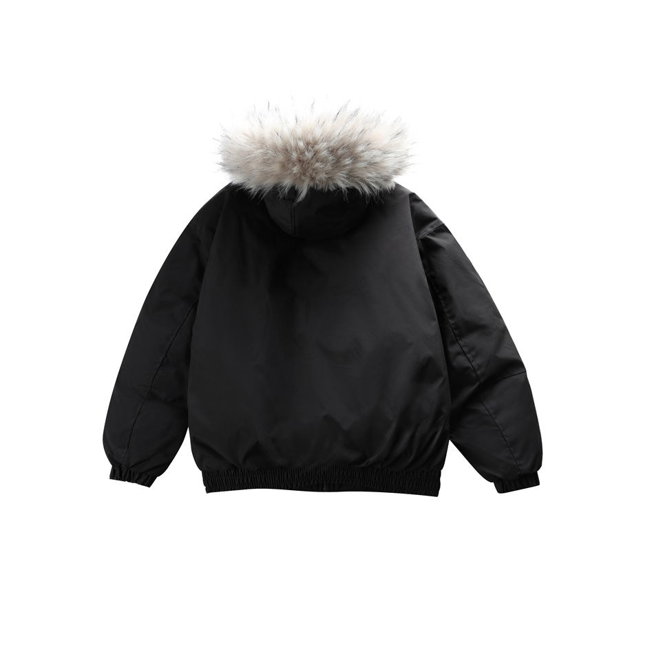 Back view of a black hooded jacket with light gray fur trim, gathered cuffs, and an elasticated hem.