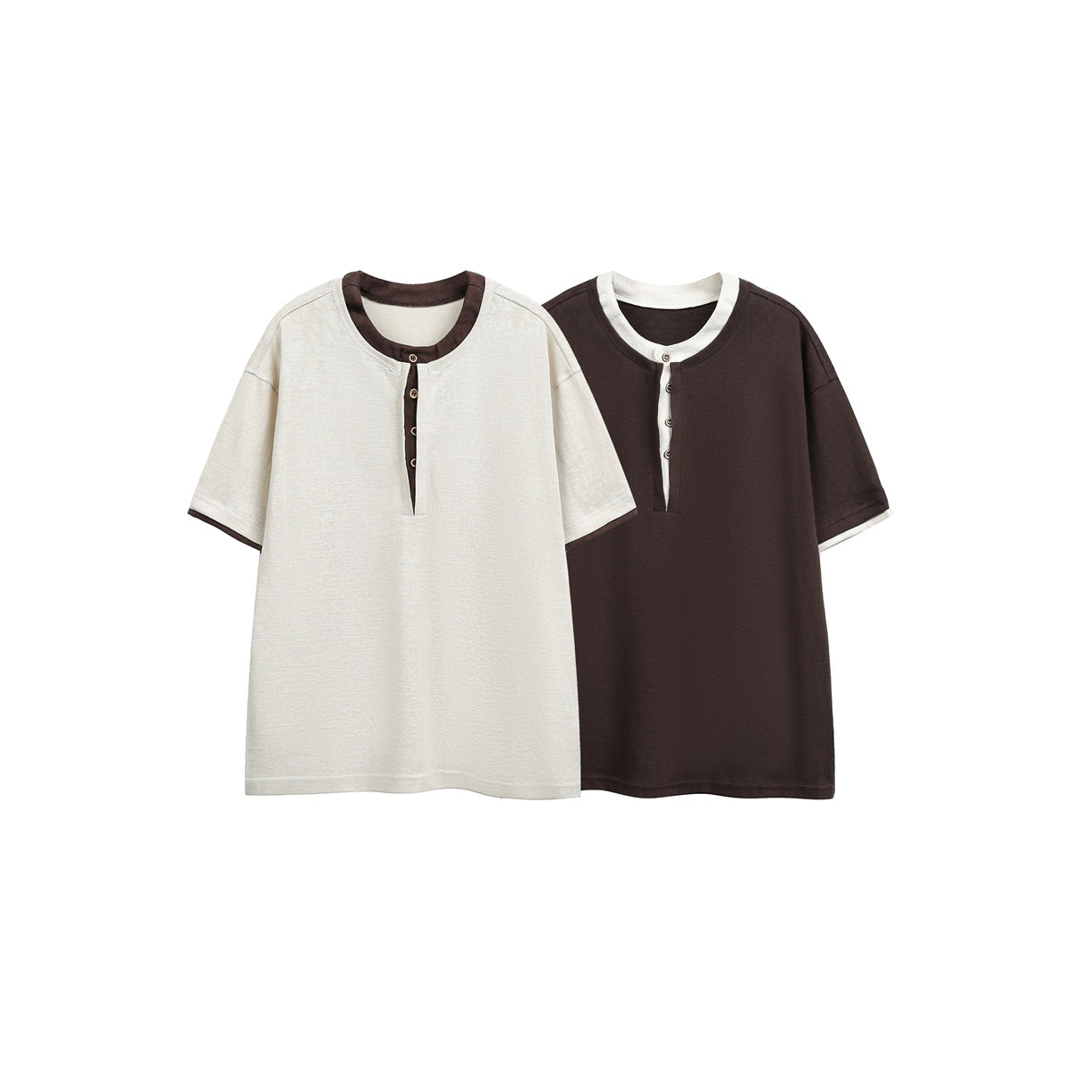 Cream and dark brown short-sleeve shirts with contrasting trim, crew necks, and button plackets, shown from the front.