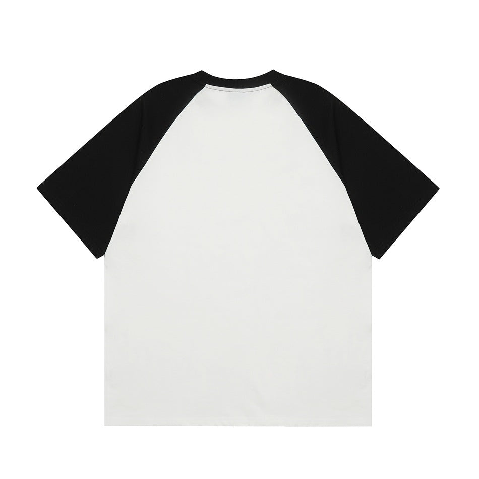 Back view of a white raglan T-shirt with black sleeves and black crew neckline, plain with no print