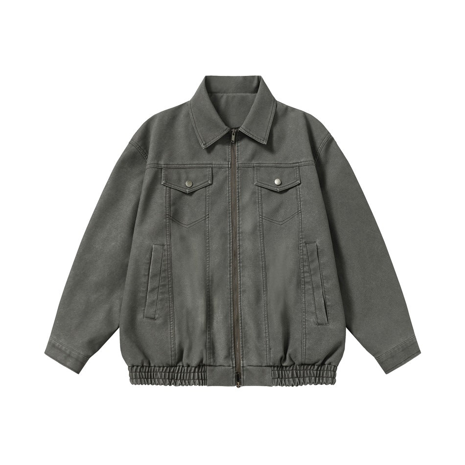 Gray collared zip-front jacket flat lay with chest flap pockets, side pockets and elastic hem