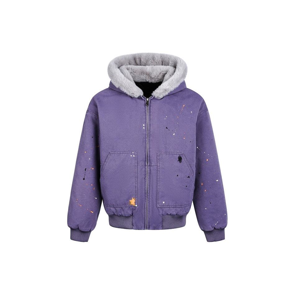 Purple hooded zip jacket with gray fleece-like hood lining, patch pockets, ribbed cuffs and paint splatter details