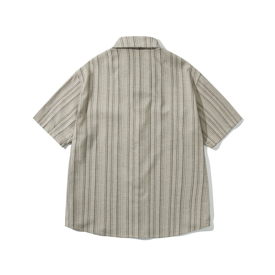 Back view of a beige short-sleeved button-up shirt with narrow dark stripes.