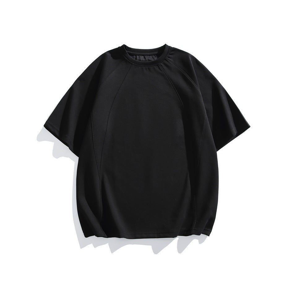 Black short-sleeve raglan crew neck T-shirt, front flat view with curved seam lines