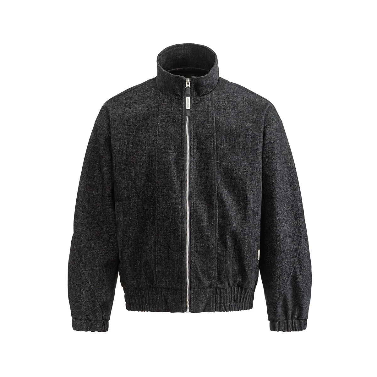 Black heathered stand-collar zip jacket with elastic hem and cuffs, front view on a white background