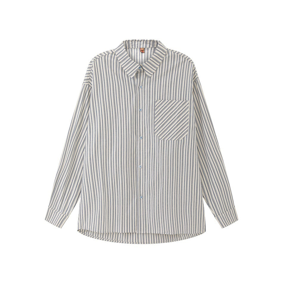 Blue and cream striped long-sleeve button-up shirt with chest pocket, flat lay front view