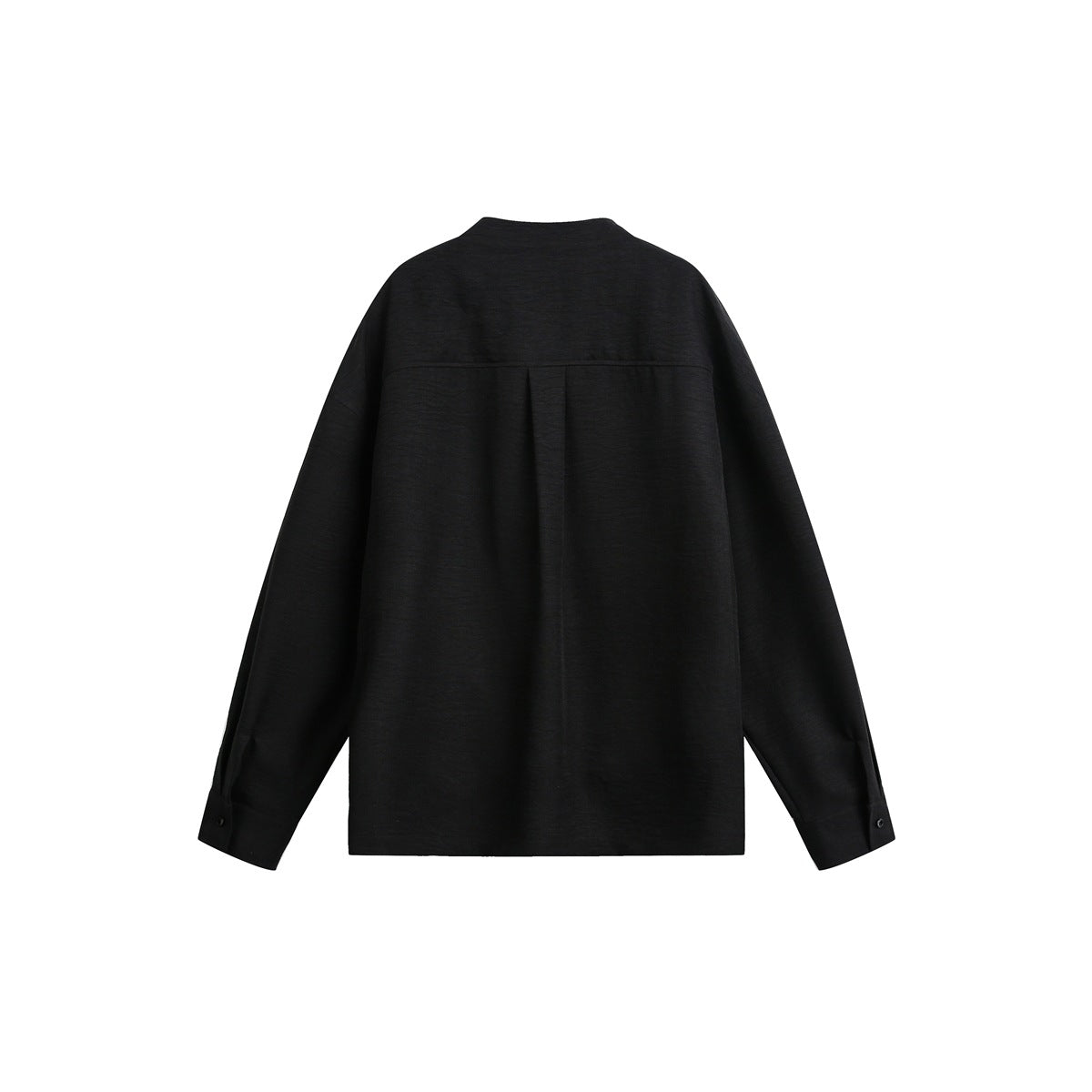 Back view of a black long-sleeve jacket with a short stand collar, center pleat, and buttoned cuffs.