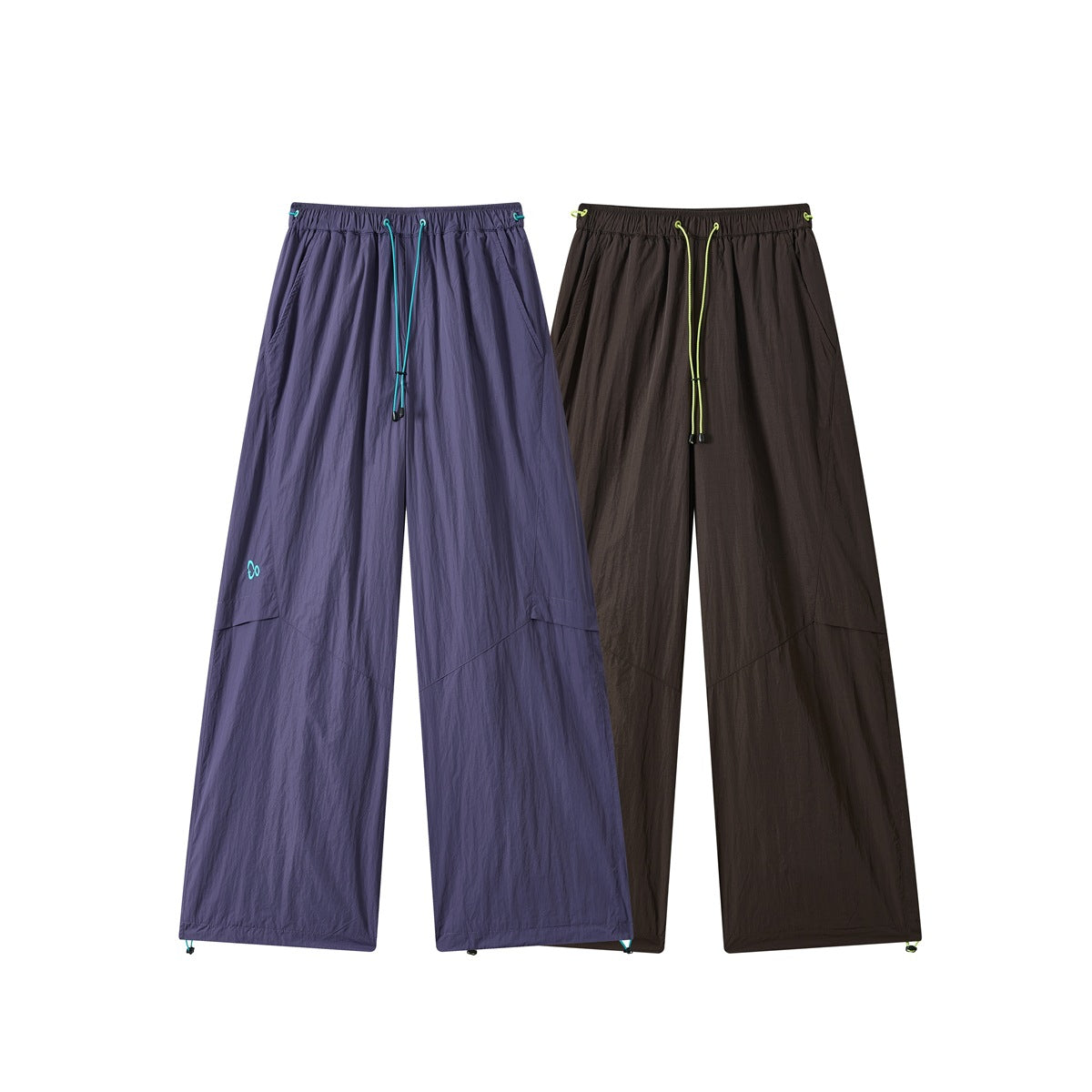 Front views of wide-leg pants in purple and dark brown, with elastic waists and contrasting drawcords.