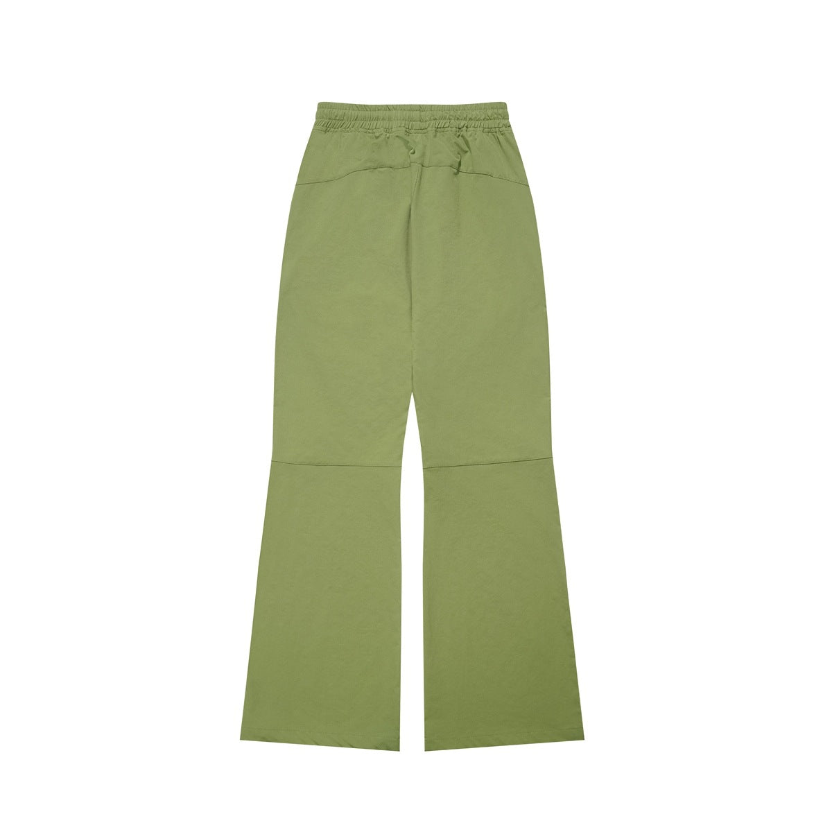 Olive green wide-leg pants shown from the back, with an elastic drawstring waist and lower-leg panel seams.