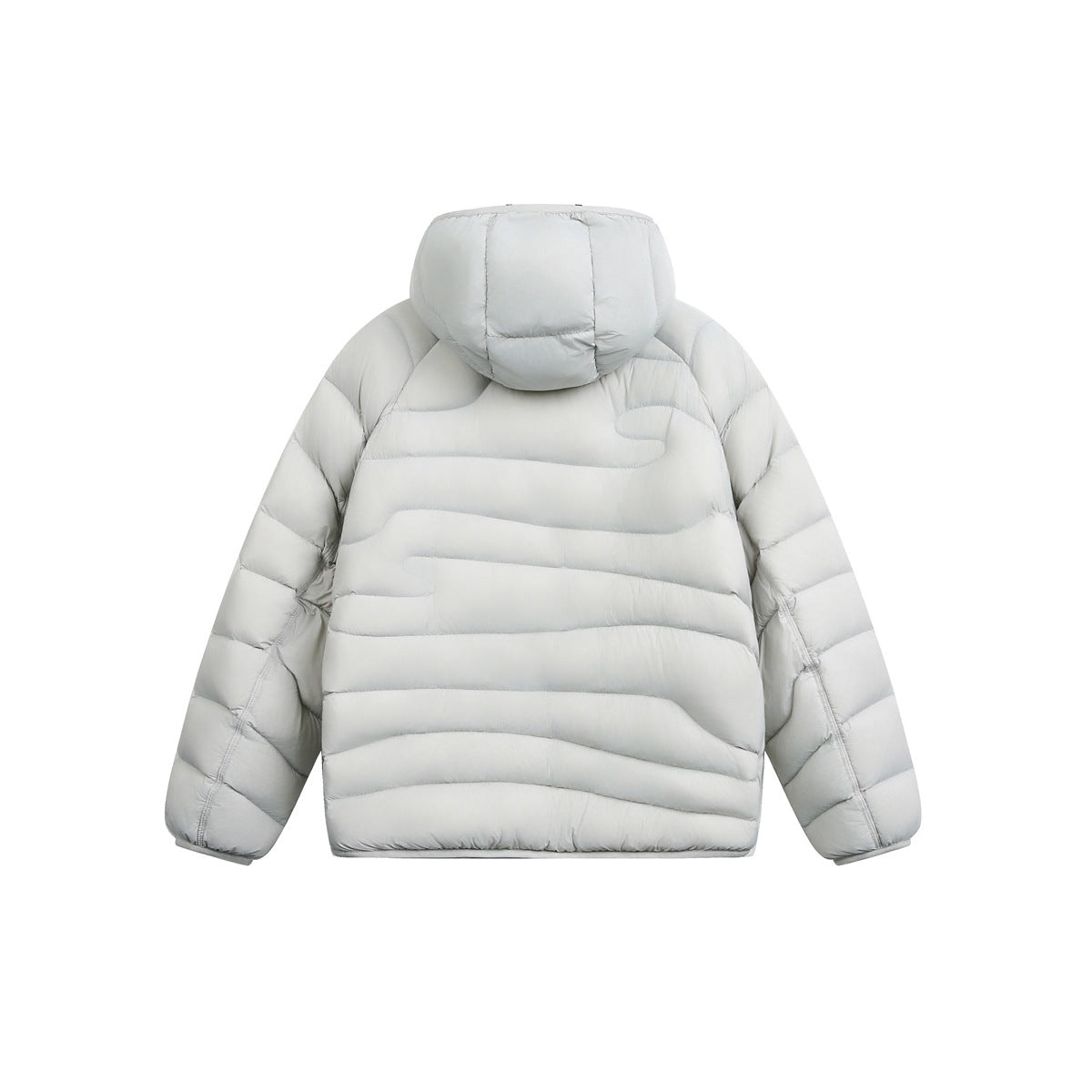 Back view of gray hooded quilted puffer jacket with wavy horizontal quilting and raglan sleeves