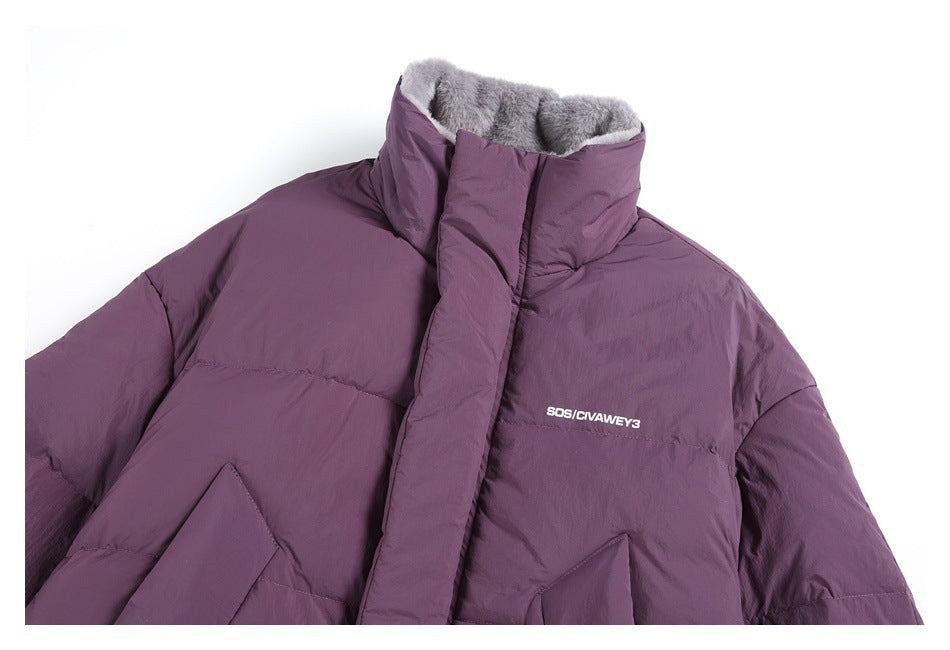 Angled close view of a plum puffer jacket with a gray plush-lined collar and white chest lettering.