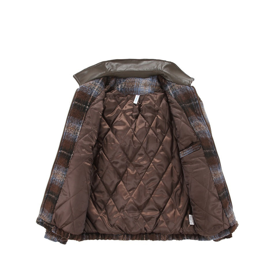 Open plaid coat showing its brown diamond-quilted lining and contrasting collar.