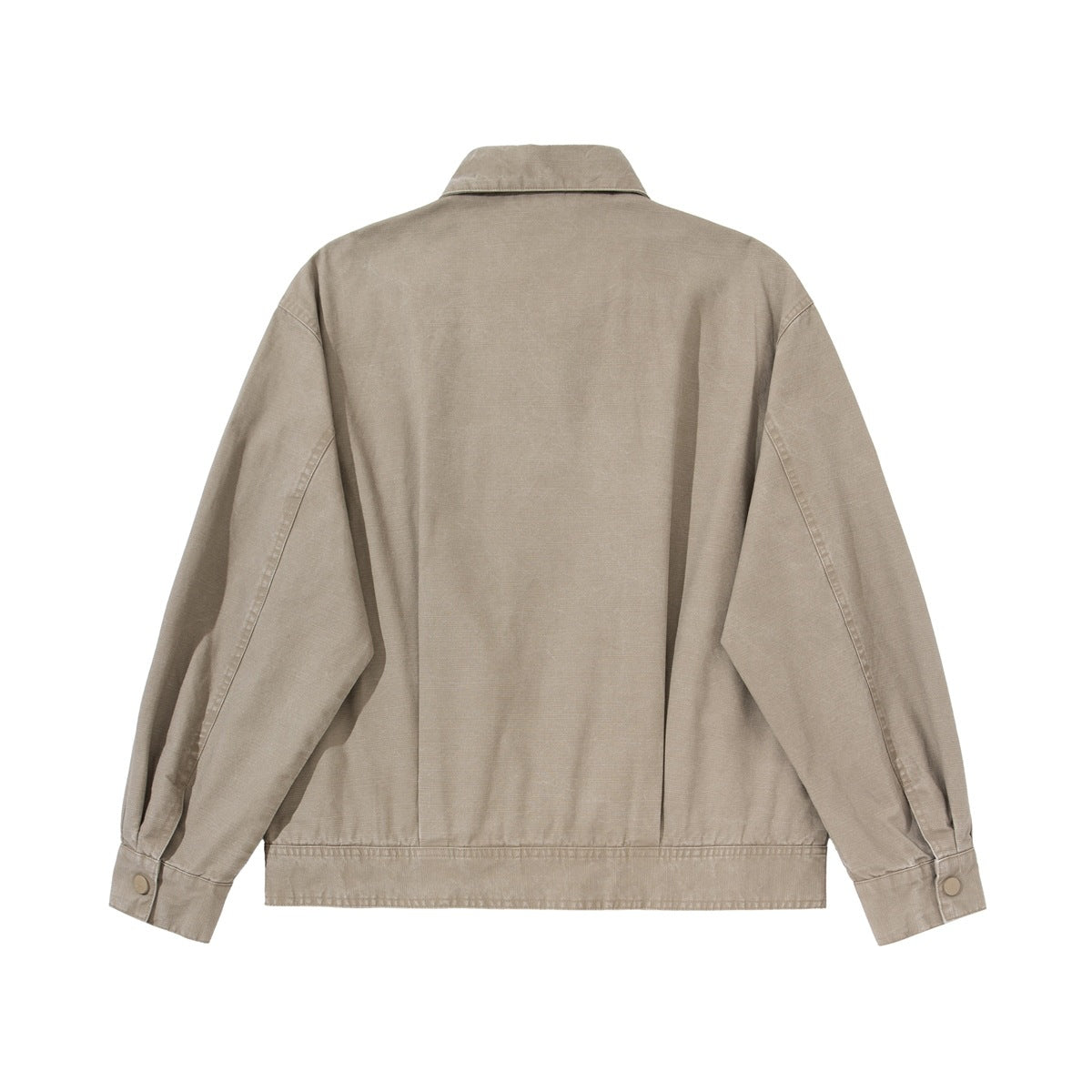 Full back view of a taupe jacket with a pointed collar, long sleeves, buttoned cuffs, and a straight hem.