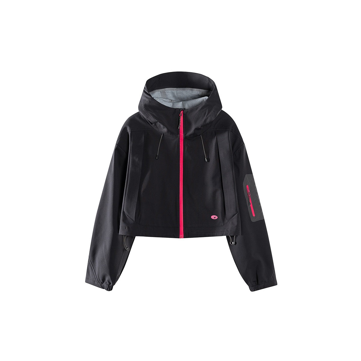 Black cropped hooded zip jacket, front view, with bright pink zipper and a gray sleeve pocket