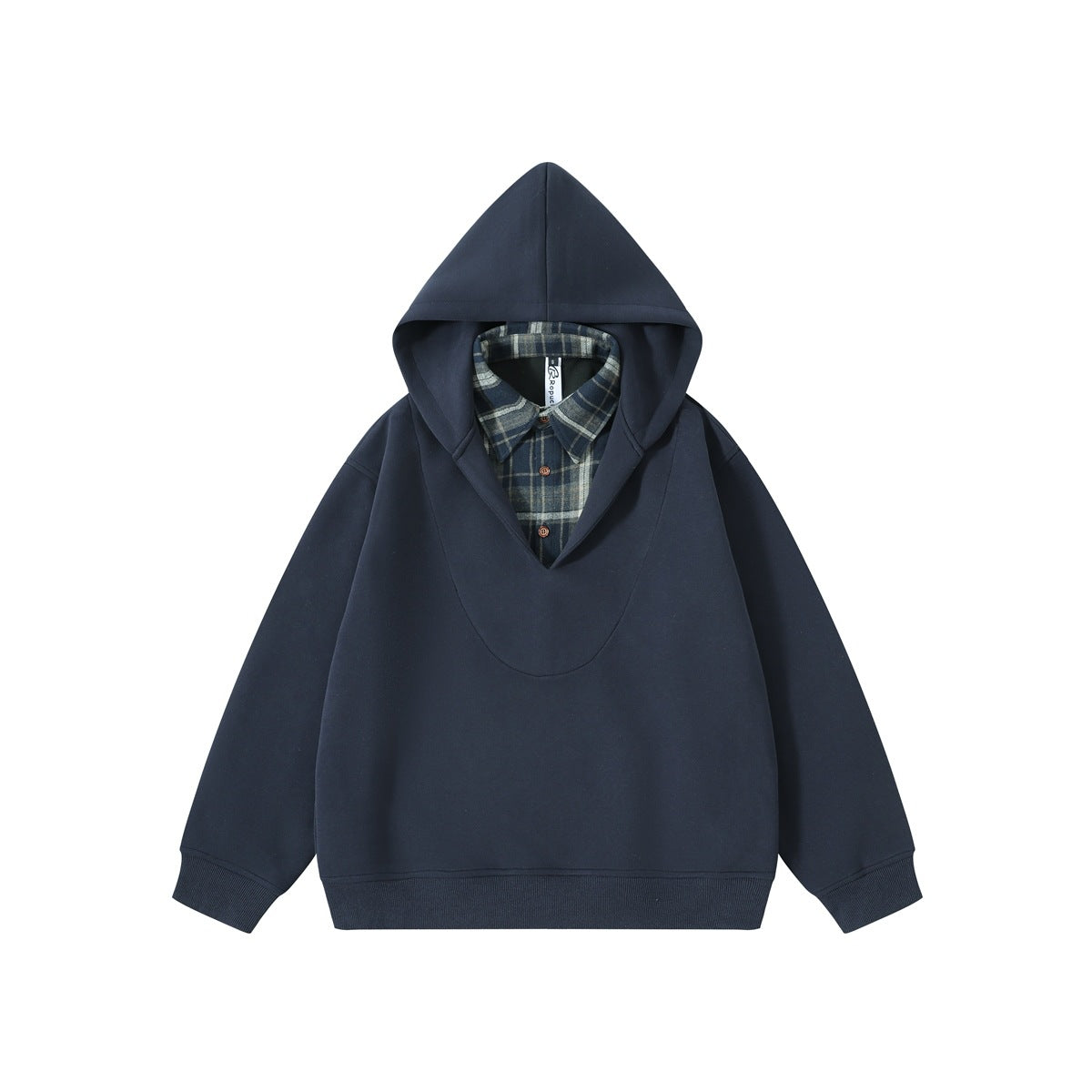 Navy blue pullover hoodie with plaid shirt collar layered under a V-shaped front panel, flat lay