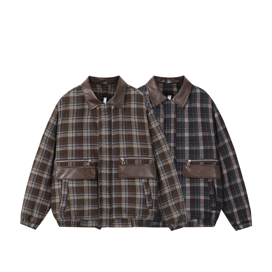 Two plaid jackets displayed side by side: one brown with blue accents and one dark navy with green and rust accents.