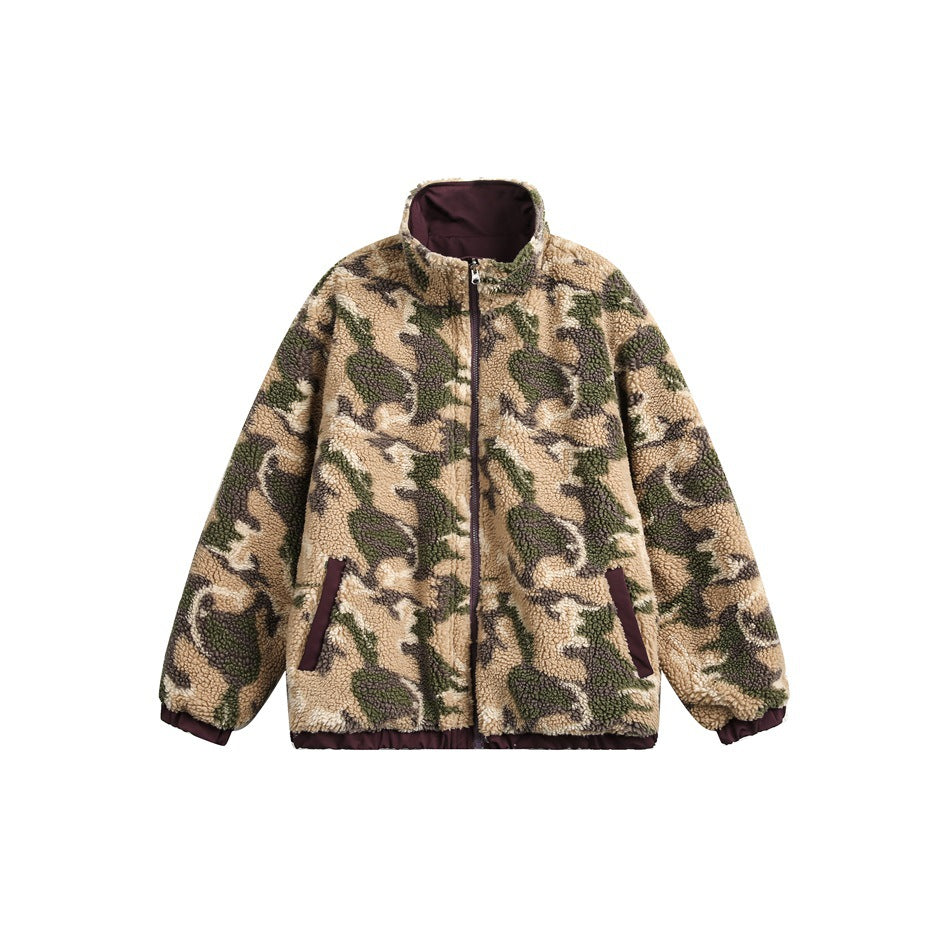 Front view of a beige, olive, and brown camouflage sherpa jacket with a zip front, stand collar, and two pockets.