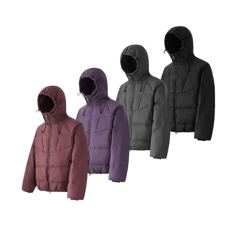 Four hooded puffer jackets in burgundy-pink, purple, gray and black arranged diagonally at an angle
