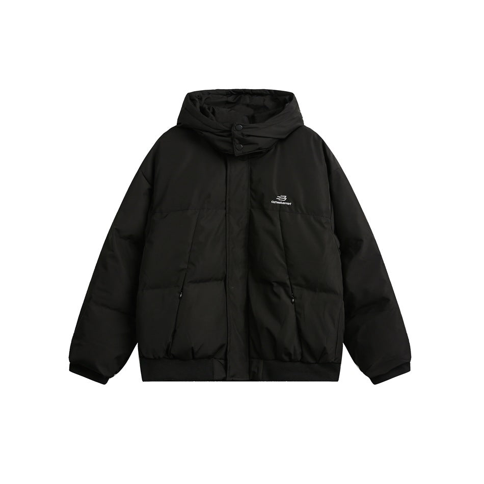 Black hooded quilted puffer jacket, front flat view, with zip front, snap collar tab, ribbed cuffs and hem, and chest logo
