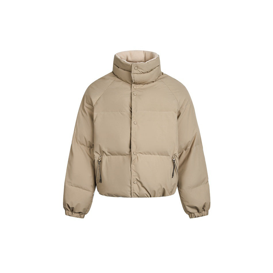 Khaki quilted puffer jacket with stand collar, snap front, side zip pockets and elastic cuffs, flat front view