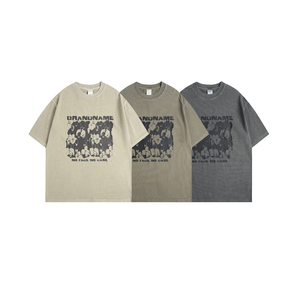 Three short-sleeve T-shirts shown from the front in beige, taupe, and charcoal, each with a black crowd graphic.