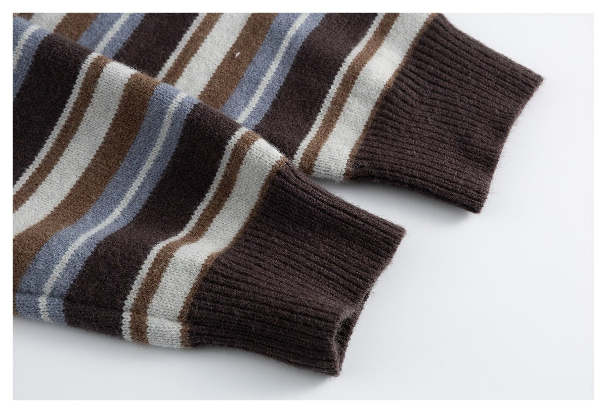 Close-up of two dark brown ribbed cardigan cuffs beside the cream, brown, blue-gray, and dark striped knit.