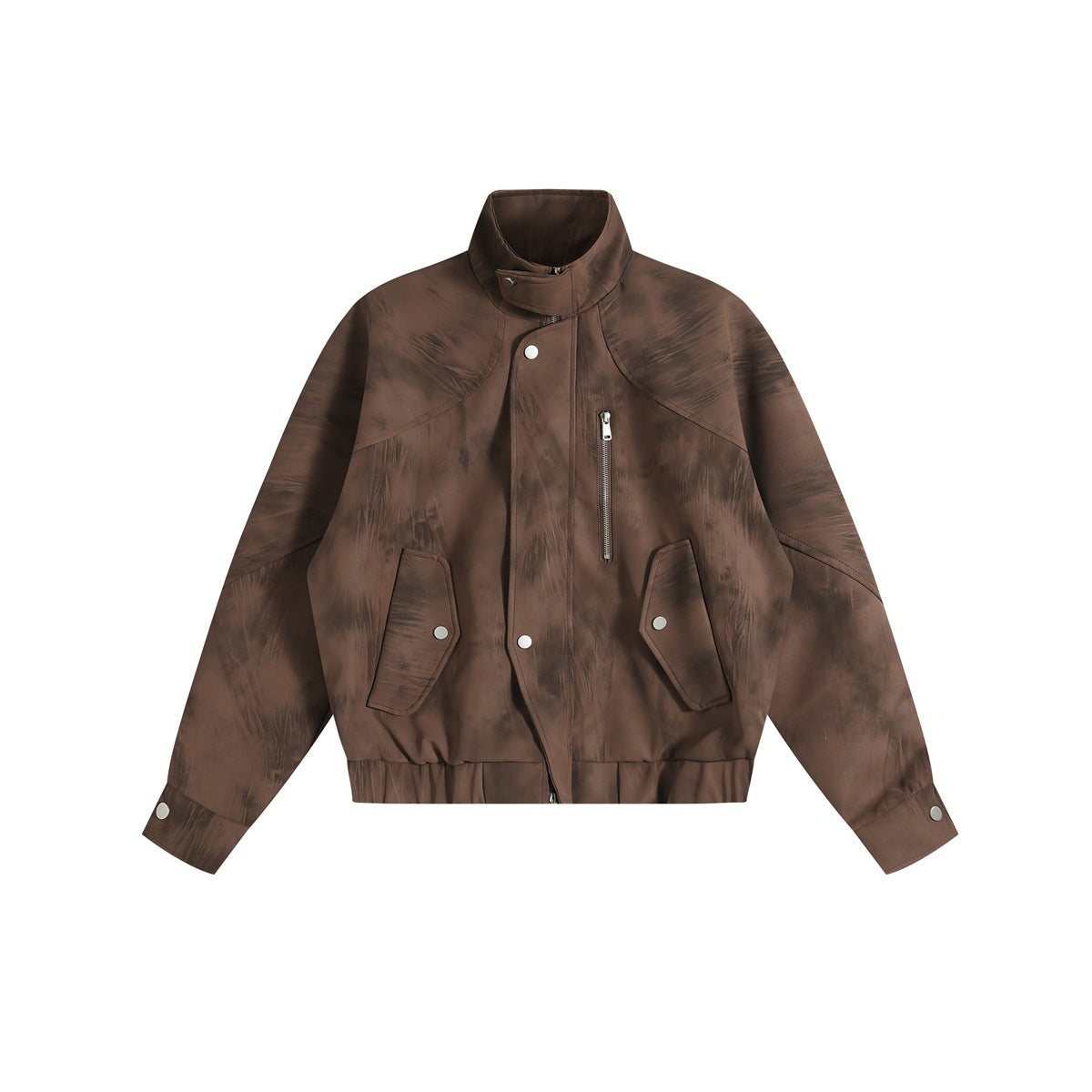 Brown stand-collar zip jacket with mottled distressed finish, flap pockets and elastic hem, flat front view