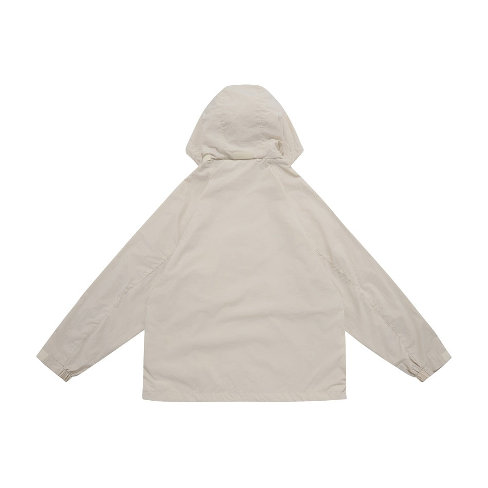 Back view of an off-white hooded jacket with long sleeves and gathered cuffs on a white background.