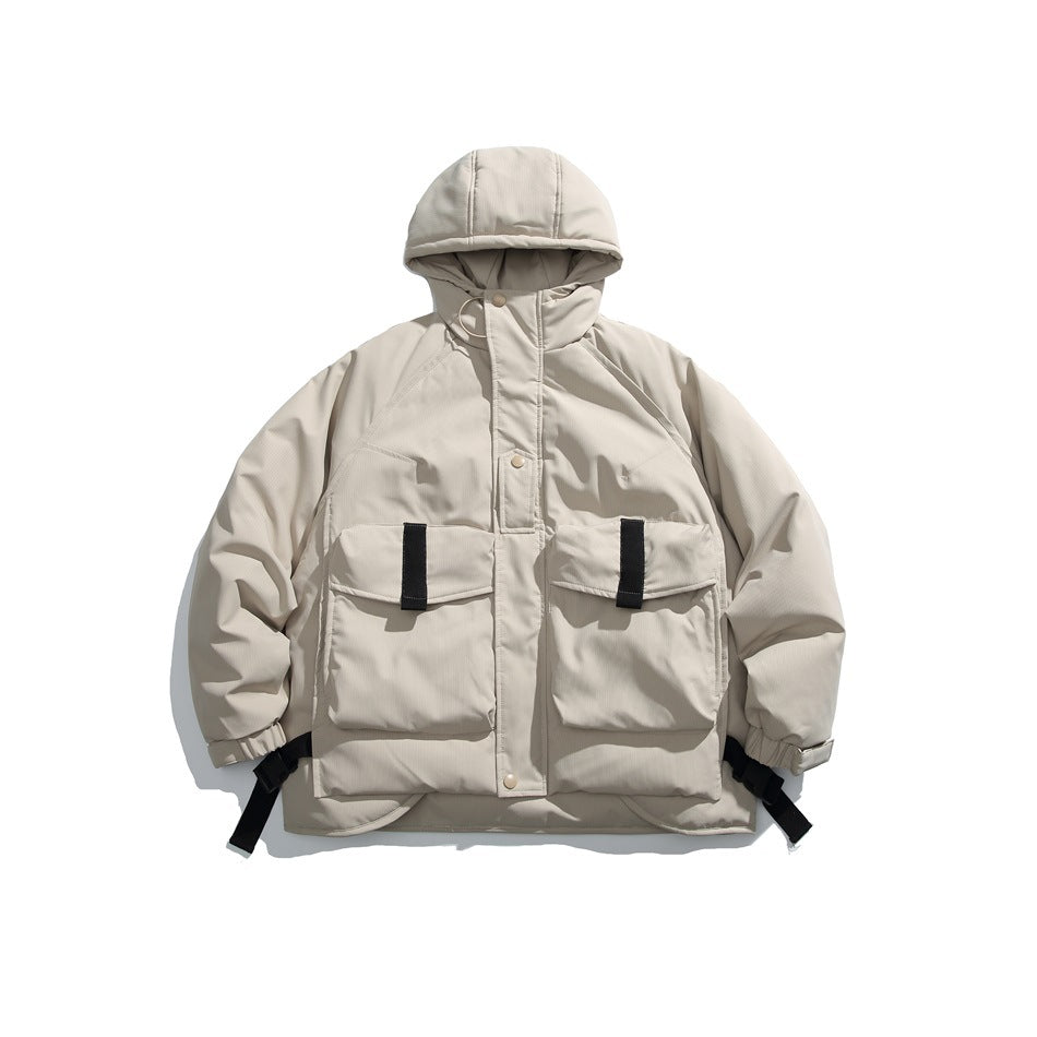 Khaki hooded puffer jacket, front flat lay, with large flap pockets and black buckle straps