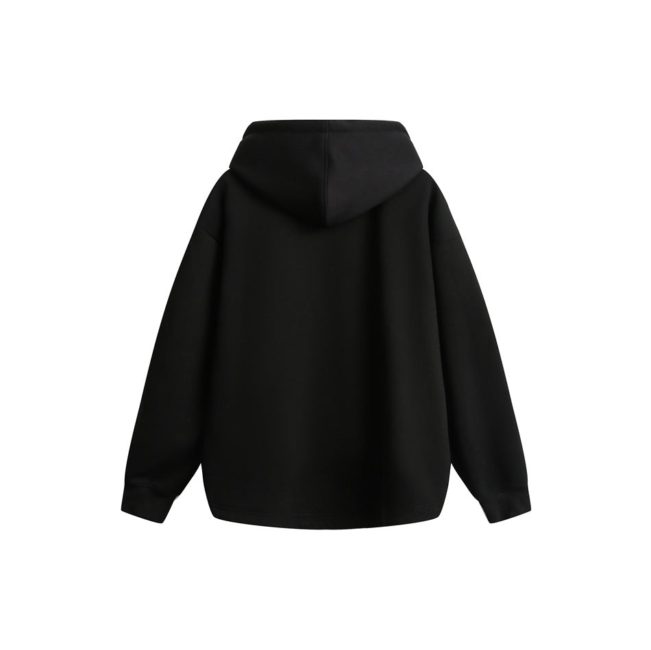 Back view of a plain black hoodie with a hood, long sleeves, ribbed cuffs and hem.