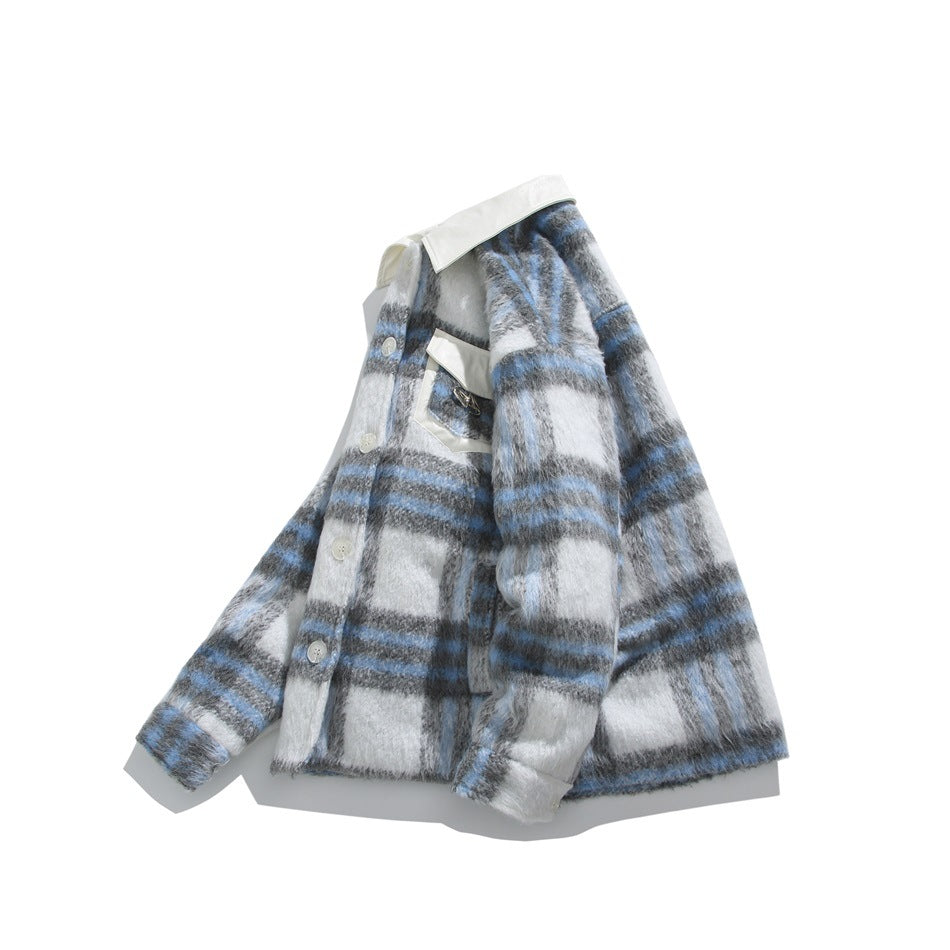 Angled front view of a blue, gray, and white plaid fuzzy jacket with white trim, buttons, and flap pockets.