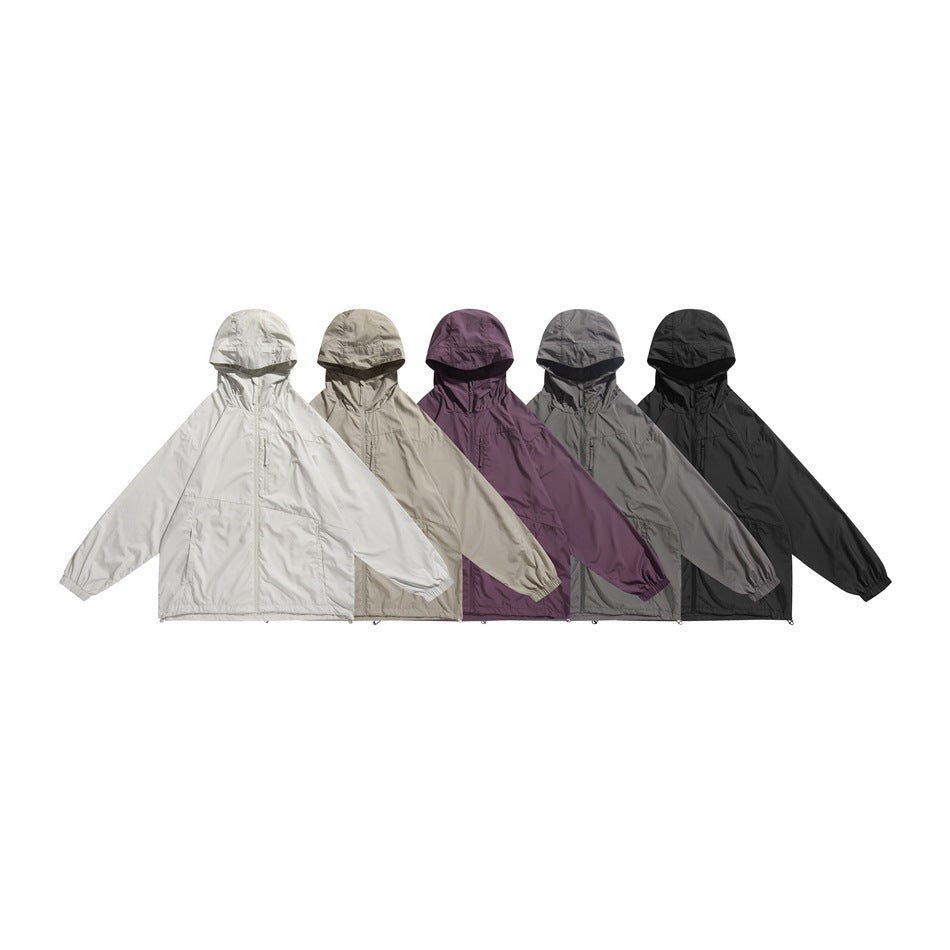 Five hooded jackets arranged together in white, beige, plum, gray, and black.