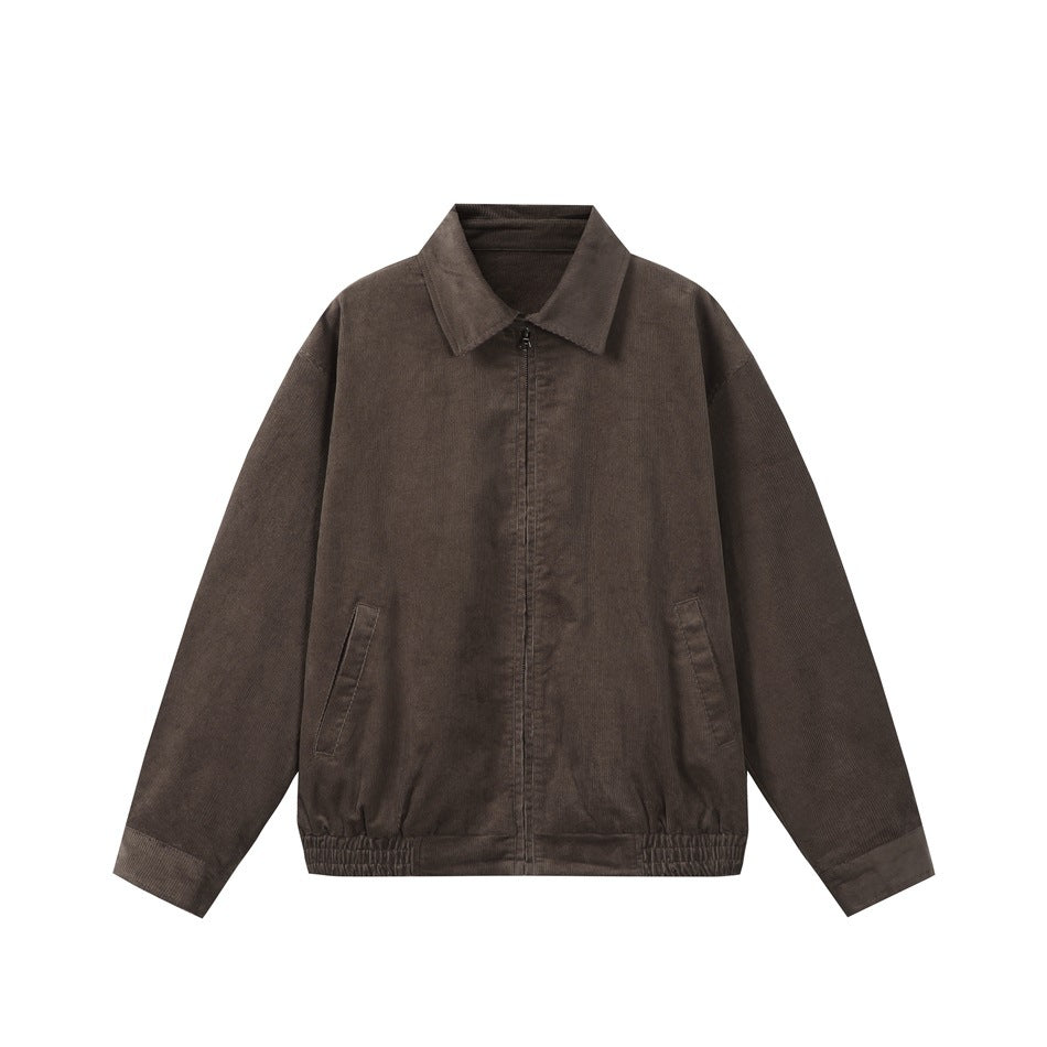 Front view of a dark brown collared jacket with a zip closure, angled pockets, and an elasticated hem.