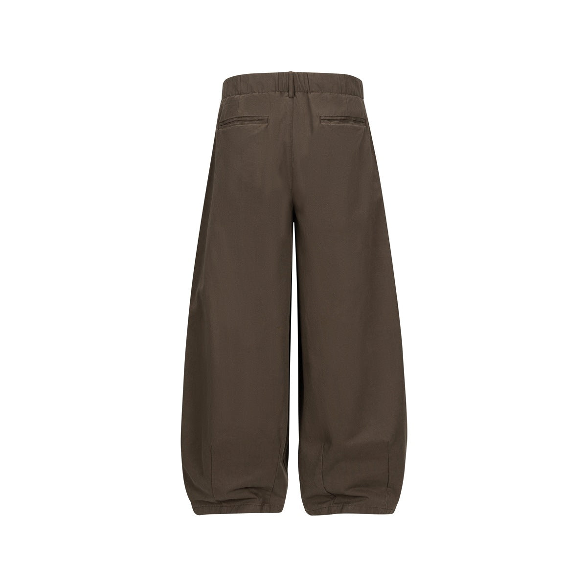Back view of brown wide-leg trousers with two welt pockets and a waistband loop.