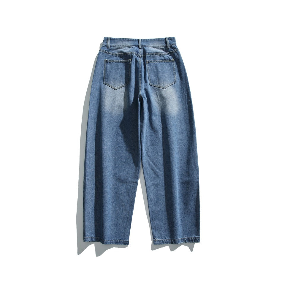 Full back view of blue wide-leg jeans laid flat, with two rear pockets and faded wash.